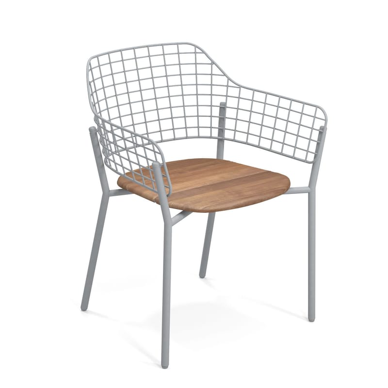 Mobilier - Chaises, fauteuils de salle à manger - Fauteuil empilable Lyze métal gris bois naturel / Assise teck - Emu - Gris nuage / Teck - Acier, Aluminium, Teck