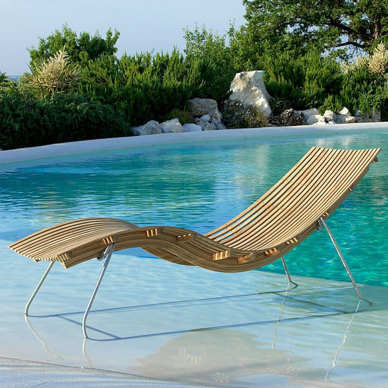 Jardin - Bains de soleil, chaises longues et hamacs - Transat fixe Swing bois naturel - Unopiu - Teck / Support acier - Acier inoxydable, Teck