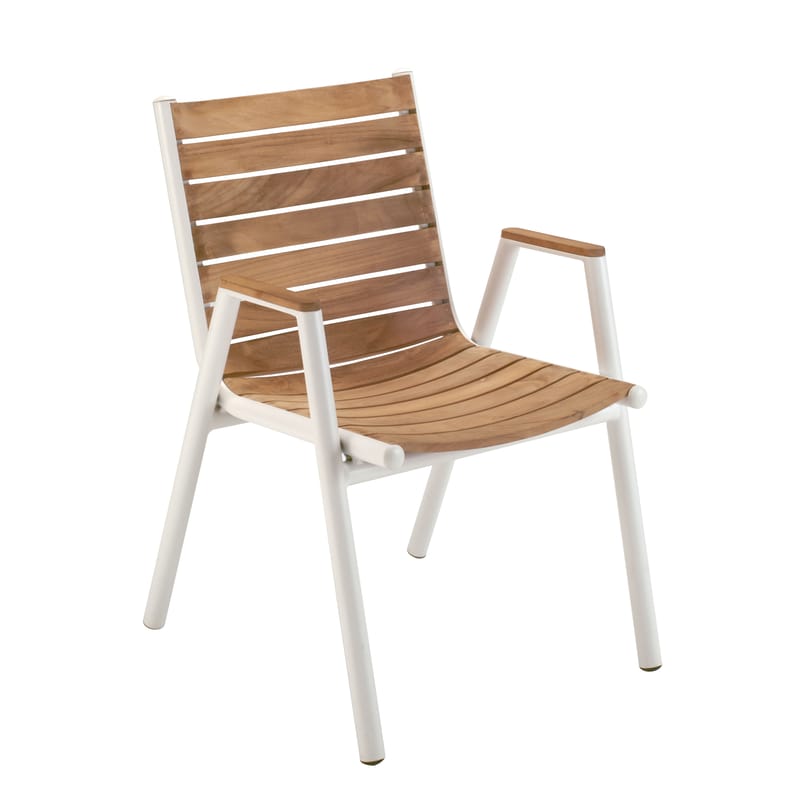 Mobilier - Chaises, fauteuils de salle à manger - Fauteuil empilable Pilotis bois naturel / Teck - Vlaemynck - Teck / Blanc - Aluminium laqué, Teck huilé
