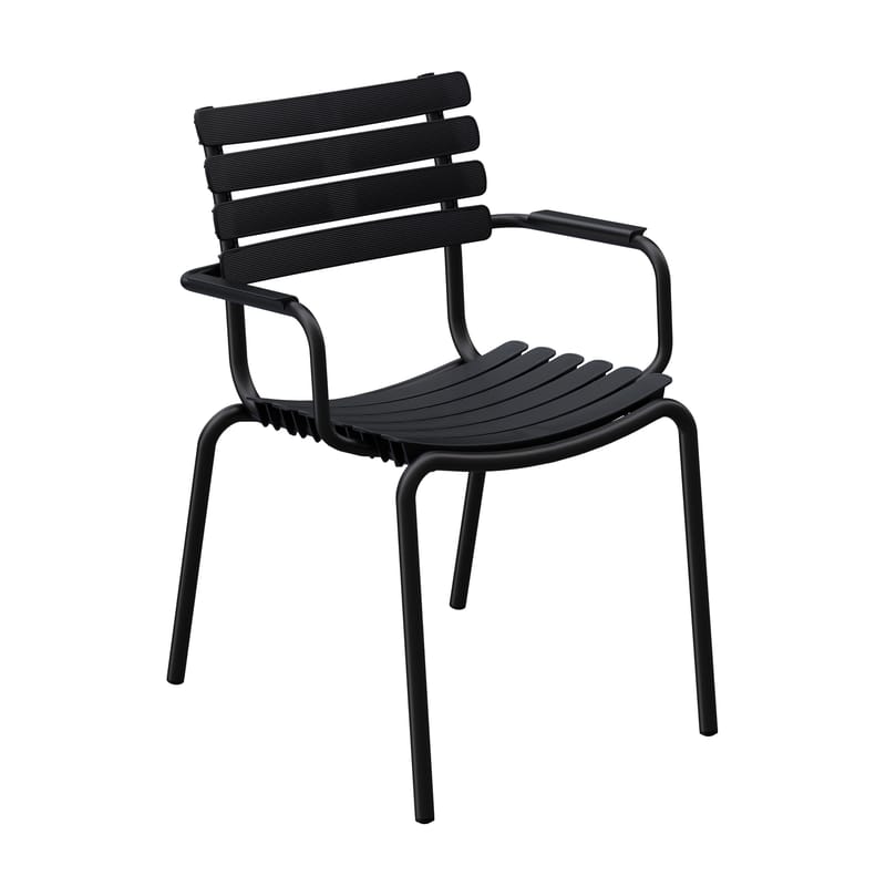 Mobilier - Chaises, fauteuils de salle à manger - Fauteuil empilable ReCLIPS plastique noir / Accoudoirs métal - Plastique recyclé - Houe - Noir - Aluminium thermolaqué, Plastique recyclé