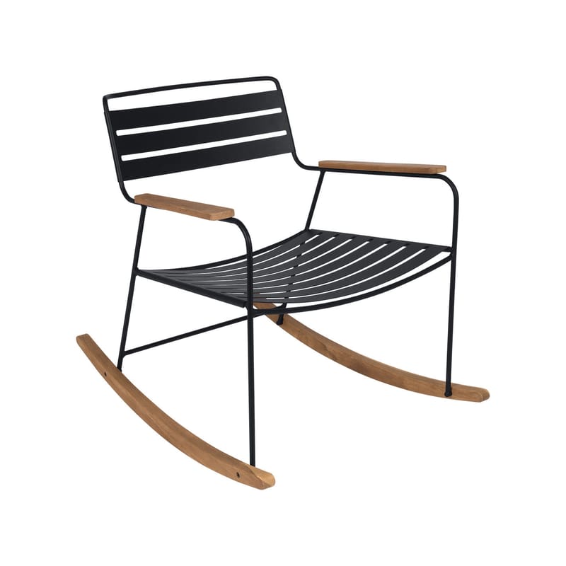 Mobilier - Fauteuils - Rocking chair Surprising métal gris noir / teck - Fermob - Carbone - Acier, Teck