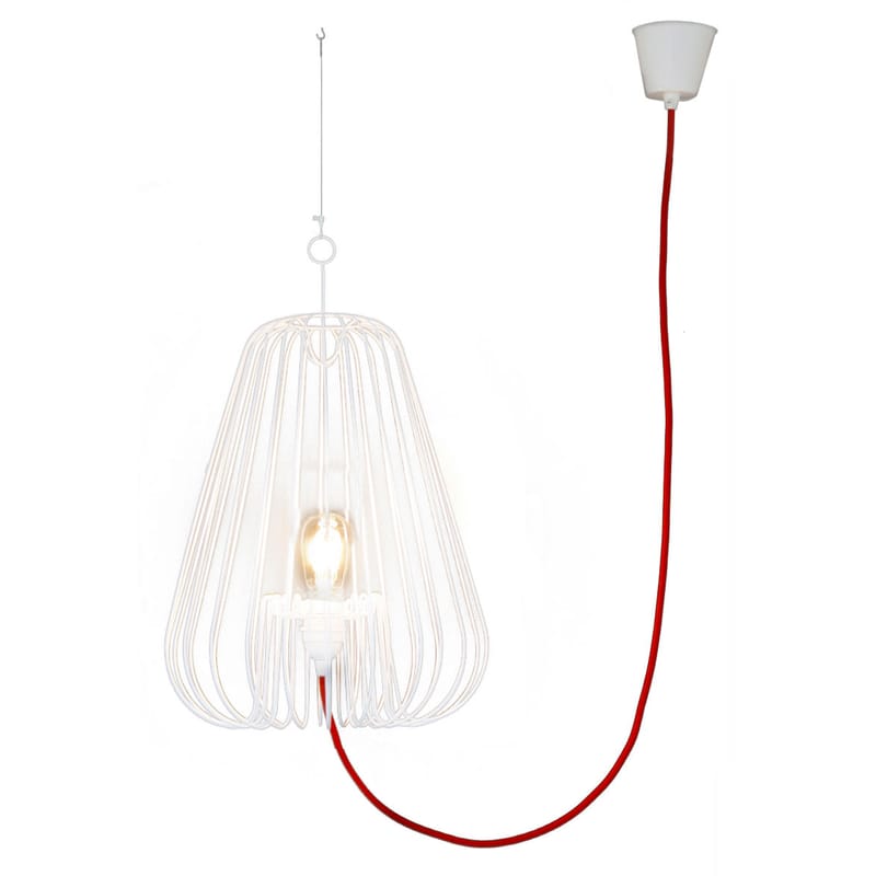 Luminaire - Suspensions - Suspension Big Light Cage métal blanc H 80 cm - La Corbeille - Blanc / cordon rouge - Métal laqué