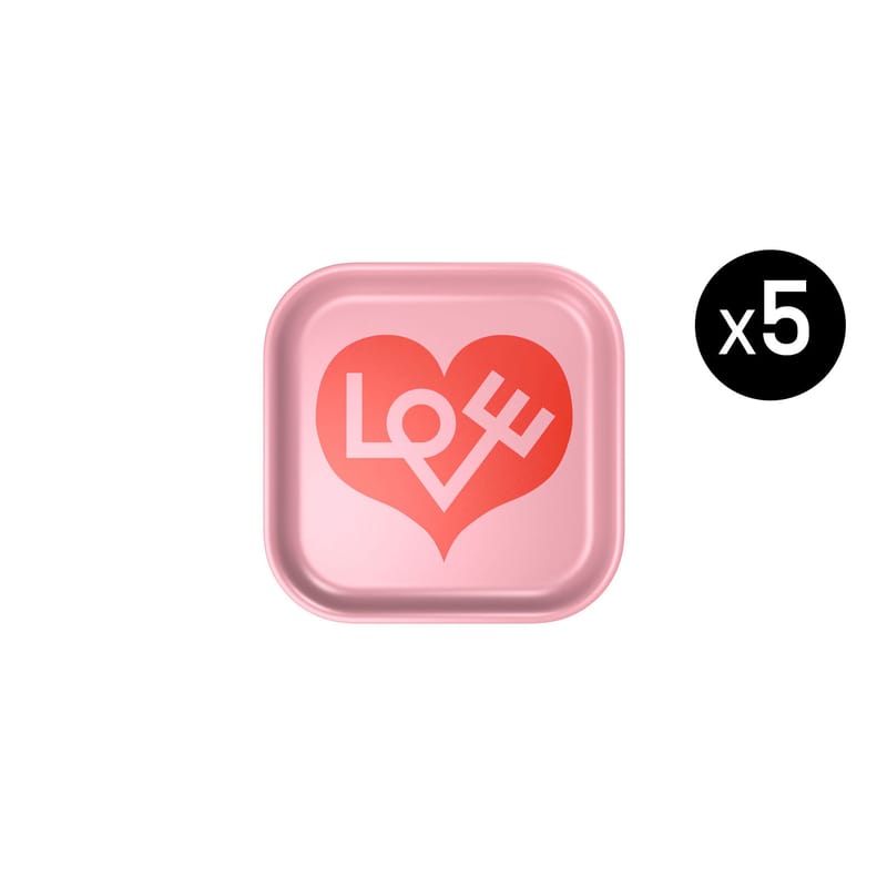 Table et cuisine - Plateaux et plats de service - Plateau Love Heart Small bois rose rouge / Alexander Girard (1971) - Set de 5 / 28 x 28 cm - Vitra - Rose / Motif rouge - Contreplaqué de chêne laminé