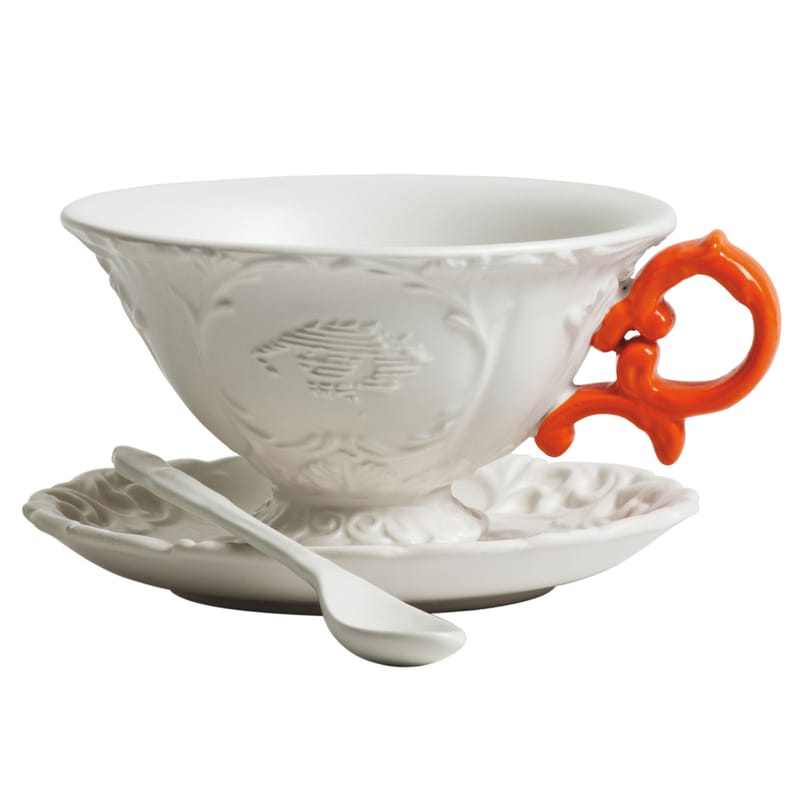 Table et cuisine - Tasses et mugs - Tasse à thé I-Tea céramique blanc orange / Set tasse + soucoupe + cuillère - Seletti - Blanc / Anse orange - Porcelaine