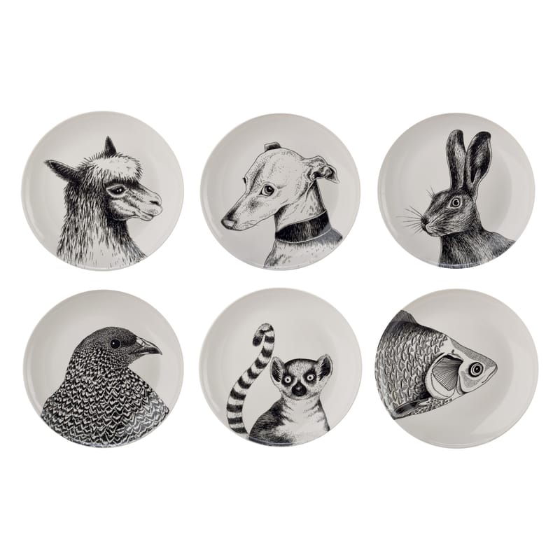 Table et cuisine - Assiettes - Assiette Animals céramique blanc noir / Ø 24 cm - Set de 6 - Pols Potten - Noir & blanc - Porcelaine vitrifiée
