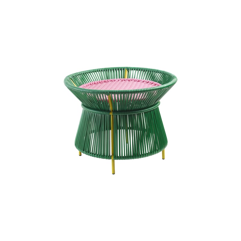 Mobilier - Tables basses - Table basse Caribe Basket vert / Ø 54 x H 41 cm - Fil PVC recyclé tressé main - ames - Vert émeraude / Rose bubblegum / Jaune curry - Acier galvanisé thermolaqué, Fils de PVC recyclé