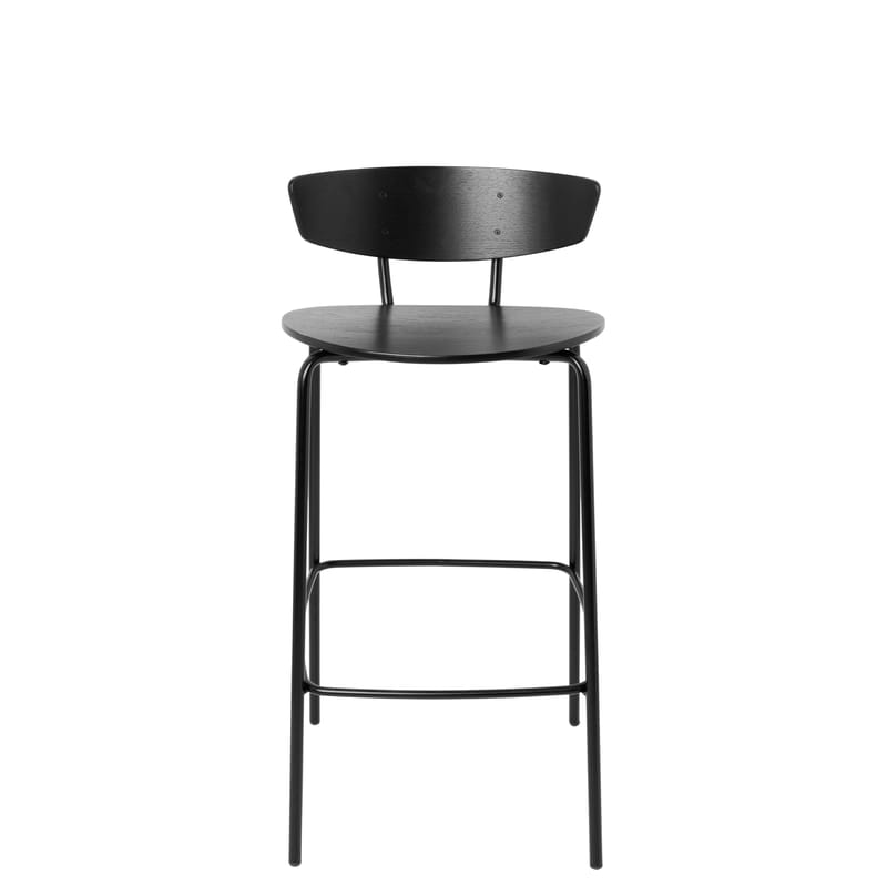 Mobilier - Tabourets de bar - Chaise de bar Herman métal bois noir / H 64 cm - Ferm Living - Noir (assise bois) - Acier laqué époxy, Contreplaqué de chêne laqué