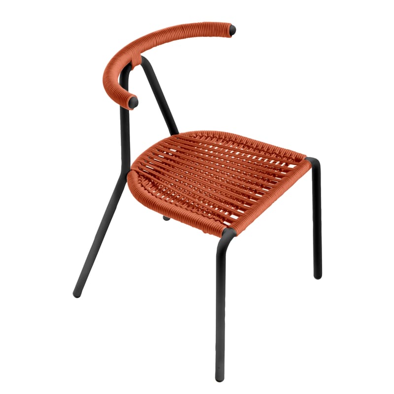 Mobilier - Chaises, fauteuils de salle à manger - Chaise empilable Toro Outdoor plastique orange / corde tressée - B-LINE - Orange / Structure noire - Acier galvanisé peint, Corde plastique