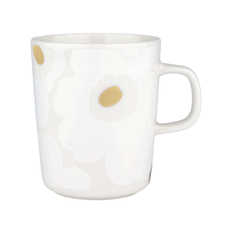 Table et cuisine - Tasses et mugs - Mug Unikko céramique blanc / 25 cl - Marimekko - Unikko / Blanc & or - Grès