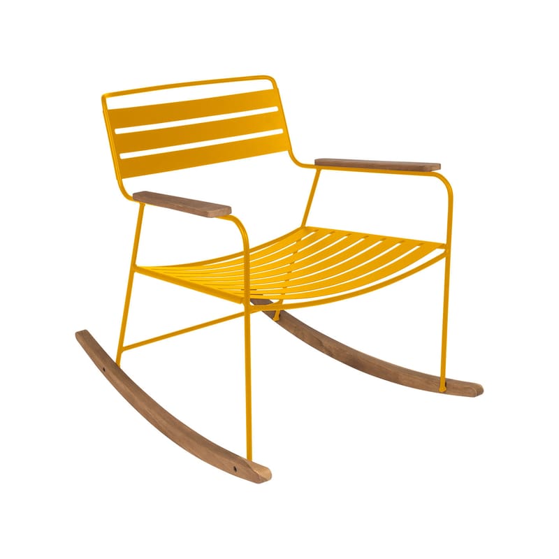 Mobilier - Fauteuils - Rocking chair Surprising métal jaune / teck - Fermob - Miel texturé - Acier, Teck