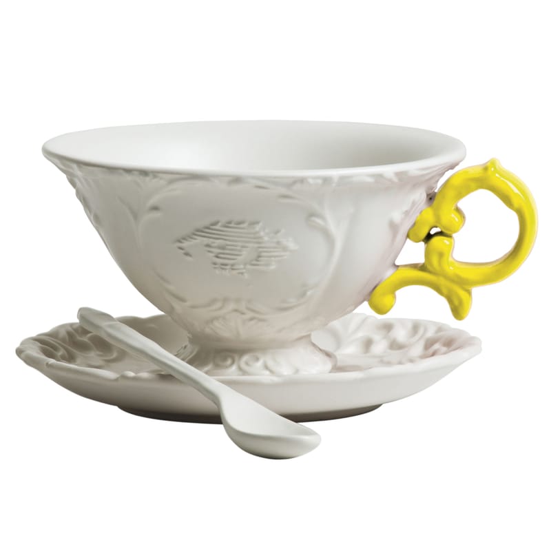 Table et cuisine - Tasses et mugs - Tasse à thé I-Tea céramique blanc jaune / Set tasse + soucoupe + cuillère - Seletti - Blanc / Anse jaune - Porcelaine
