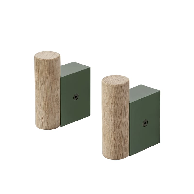 Mobilier - Portemanteaux, patères & portants - Patère Attach métal bois vert / Set de 2 - Muuto - Vert - Aluminium, Chêne