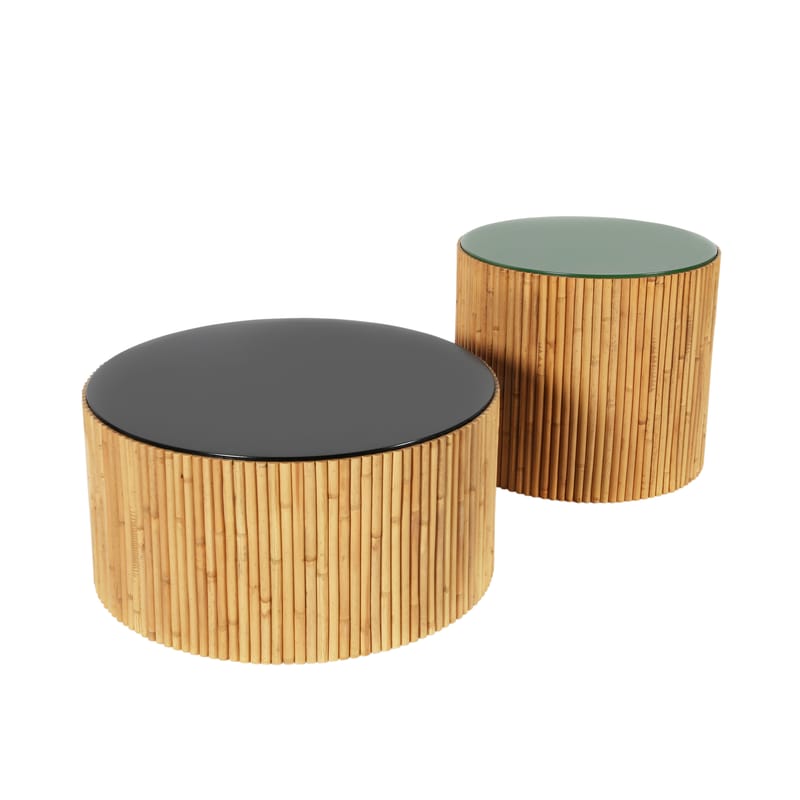 Mobilier - Tables basses - Table basse Riviera Duo bois vert noir / Set de 2 - Ø 60 & Ø 45 cm - Maison Sarah Lavoine - Noir & vert - Bois laqué, Rotin naturel