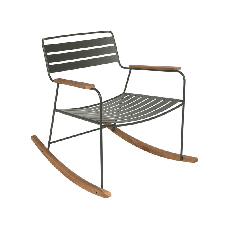 Mobilier - Fauteuils - Rocking chair Surprising métal vert / teck - Fermob - Romarin - Acier, Teck