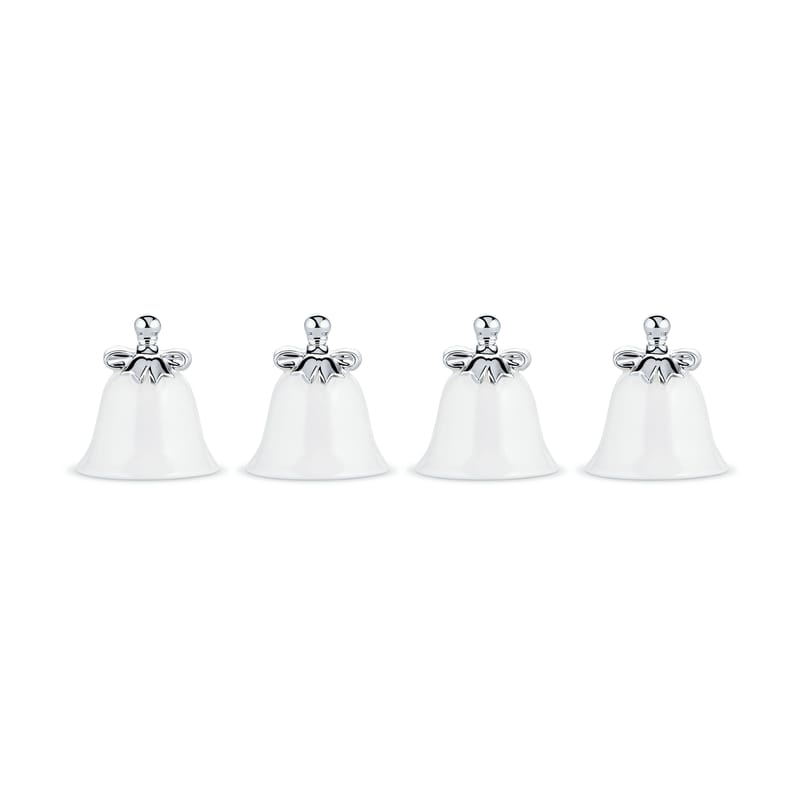 Tisch und Küche - Küchenaccessoires - Namensschild Dressed for X-mas keramik weiß / Set aus 4 Glocken - Porzellan - Alessi - Weiß / Schleife silberfarben - Porzellan