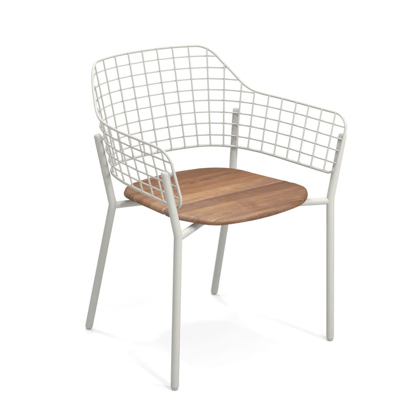 Mobilier - Chaises, fauteuils de salle à manger - Fauteuil empilable Lyze métal blanc bois naturel / Assise teck - Emu - Blanc mat / Teck - Acier, Aluminium, Teck