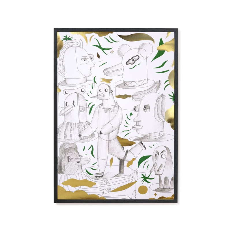 Décoration - Stickers, papiers peints & posters - Affiche encadrée Jaime Hayon x The Wrong Shop - Animalothèque papier vert / 49.5 x 69.5 - Exclusivité - The Wrong Shop - Blanc, vert, or (avec cadre noir) - Papier