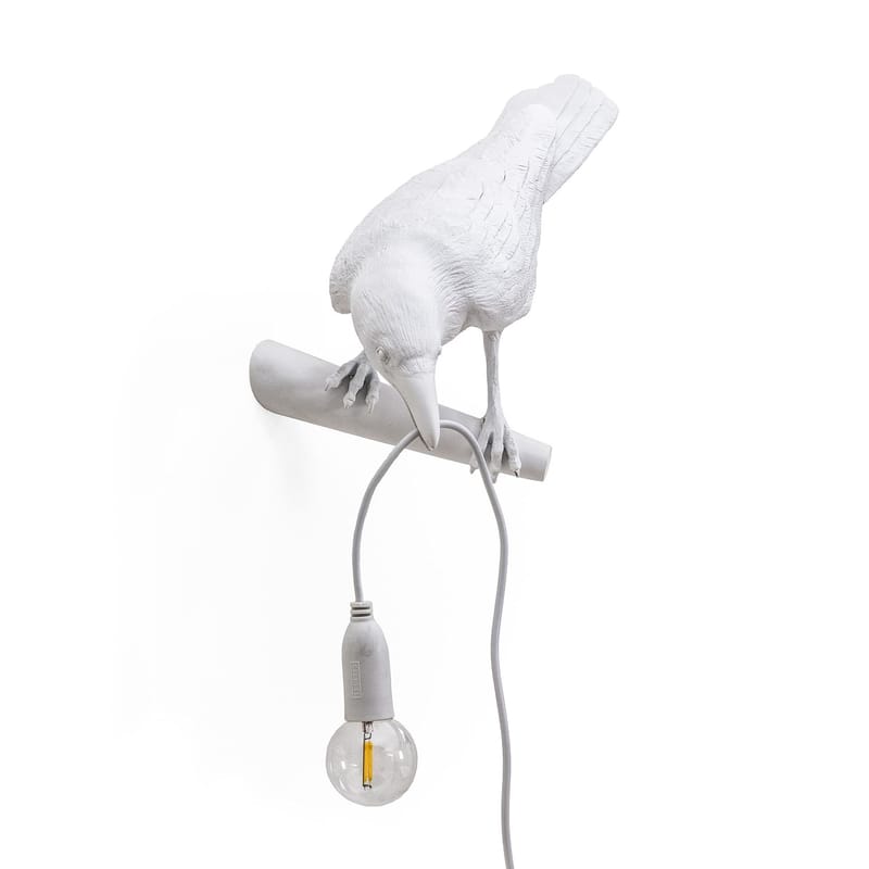 Leuchten - Wandleuchten - Wandleuchte mit Stromkabel Bird Looking plastikmaterial weiß / Wandleuchte - Rabe, auf einem Ast sitzend - Seletti - Rabe, auf einem Ast sitzend / weiß - Harz