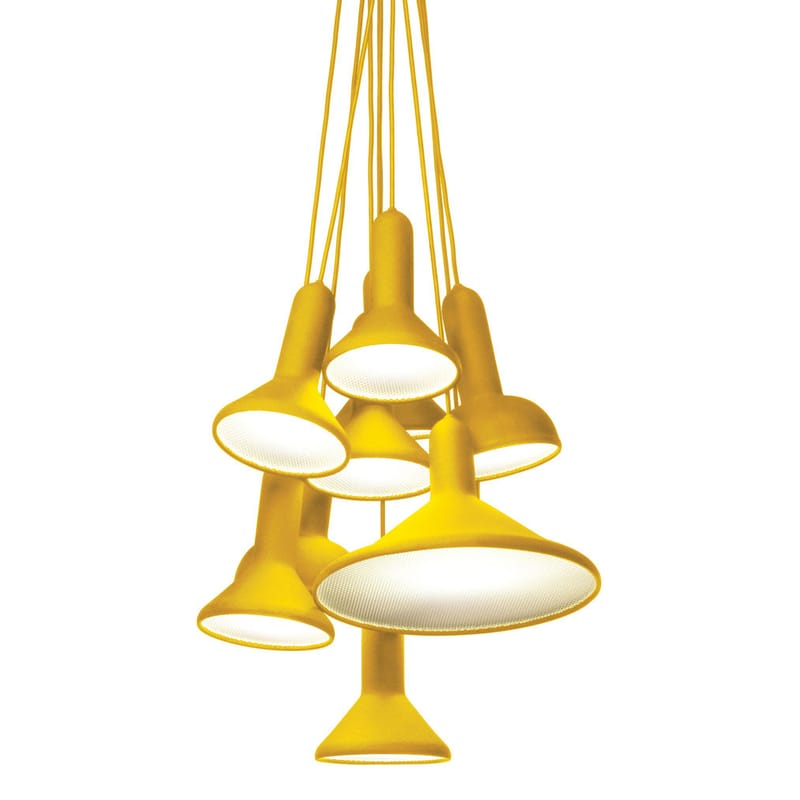 Luminaire - Suspensions - Suspension Torch Light plastique jaune / 10 abat-jours - Established & Sons - Jaune / Câbles jaunes - Polycarbonate, PVC finition soft touch