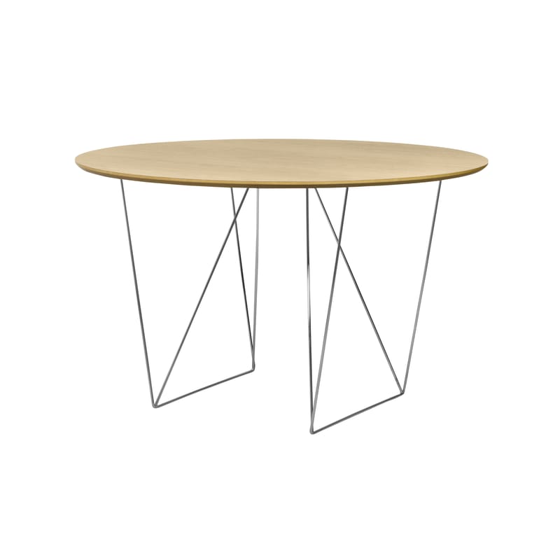 Mobilier - Tables - Table ronde Trestle / Ø 120 cm - POP UP HOME - Chêne / Pied chromé - Métal chromé, Panneaux d\'aggloméré plaqué chêne