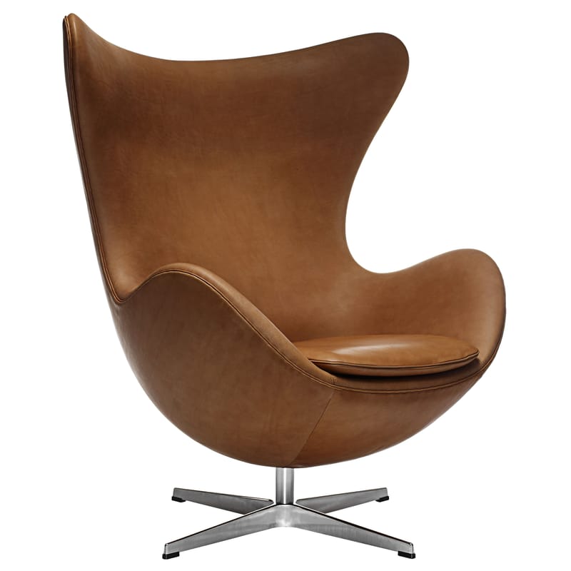 Möbel - Lounge Sessel - Drehsessel Egg chair metall leder braun Leder - Fritz Hansen - Leder braun - Glasfaser, poliertes Aluminium, Polyurethan-Schaum, Vollnarben-Leder