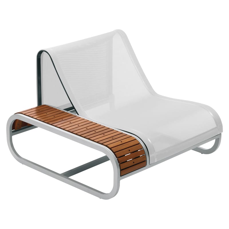 Outdoor - Garden armchairs - Tandem Low armchair metal textile white natural wood Teak version - Right armrest - EGO Paris - Teck / White fabric - Batyline cloth, Lacquered aluminium, Teak