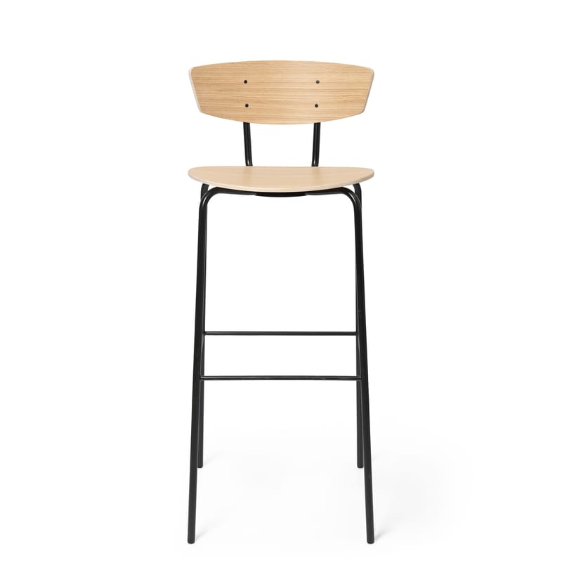 Mobilier - Tabourets de bar - Chaise de bar Herman bois naturel / H 76 cm - Ferm Living - Chêne blanchi (assise bois) - Acier, Contreplaqué de chêne FSC