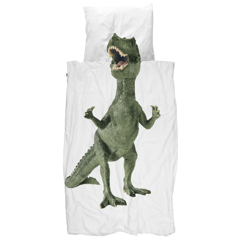 Dossiers - Les bonnes affaires - Parure de lit 1 personne Dinosaurus Rex tissu vert / 140 x 200 cm - Snurk - Dino / Vert - Percale de coton