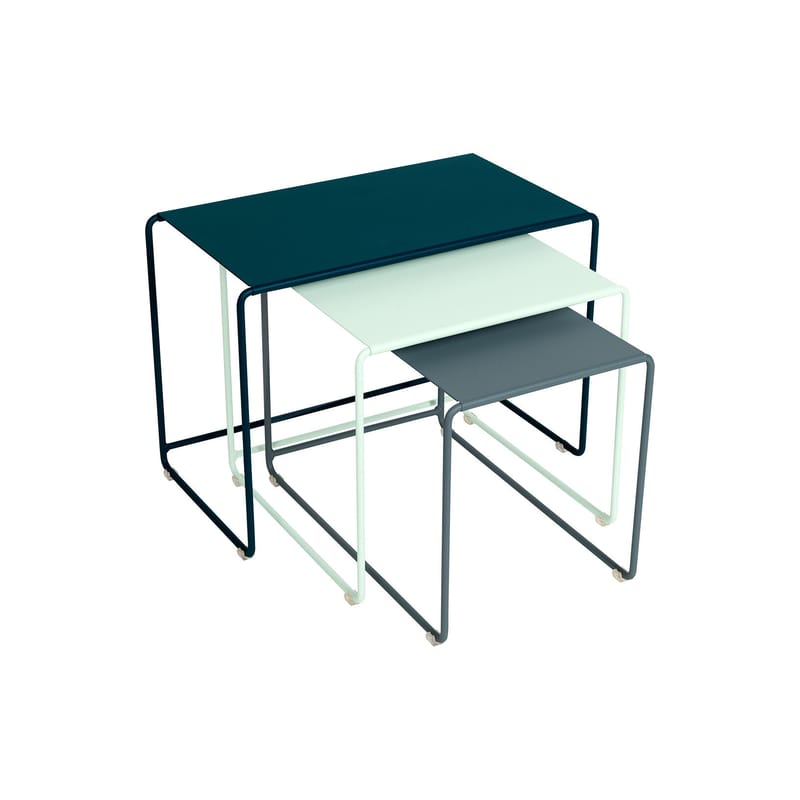 Mobilier - Tables basses - Tables gigognes Oulala métal multicolore / Set de 3 - 55 x 30 x H 40 cm - Fermob - Bleu acapulco / Gris orage / Menthe glaciale - Acier