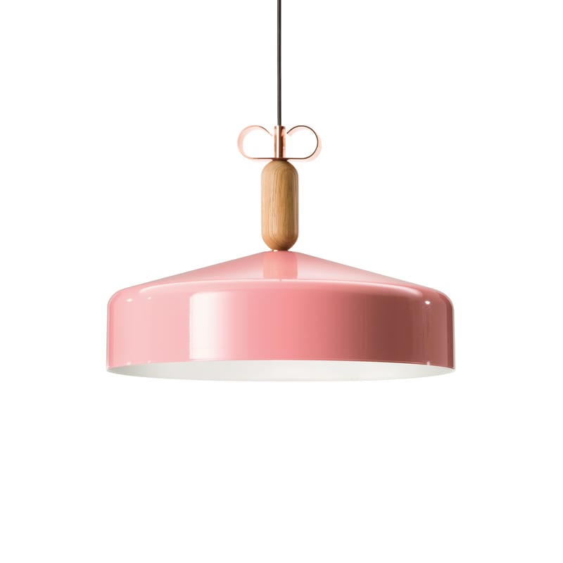 Lighting - Pendant Lighting - Bon Ton Pendant metal pink natural wood Ø 45 cm - Exclusivity - Torremato - Glossy pink / White - Oak, Varnished aluminium