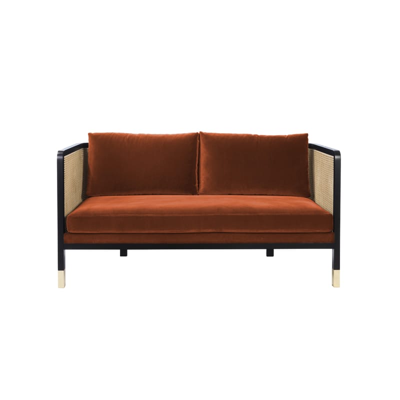 Furniture - Sofas - Cannage Straight sofa textile cane & fibres orange beige natural wood / L 160 cm - Velvet - RED Edition - Fox orange / Black & natural -  Plumes, High resilience foam, Rattan, Steel, Tinted beechwood, Velvet