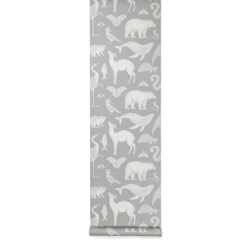Décoration - Pour les enfants - Papier peint Animals papier gris / 1 rouleau - Larg 53 cm - Ferm Living - Gris-vert - Toile intissée