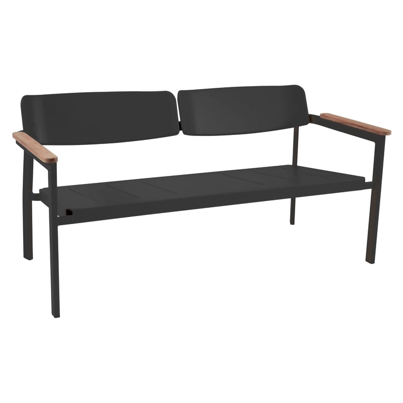 Furniture - Benches - Shine Bench with backrest metal black 2 seaters / L 147 cm - Emu - Black / Teack armrests - Teak, Varnished aluminium