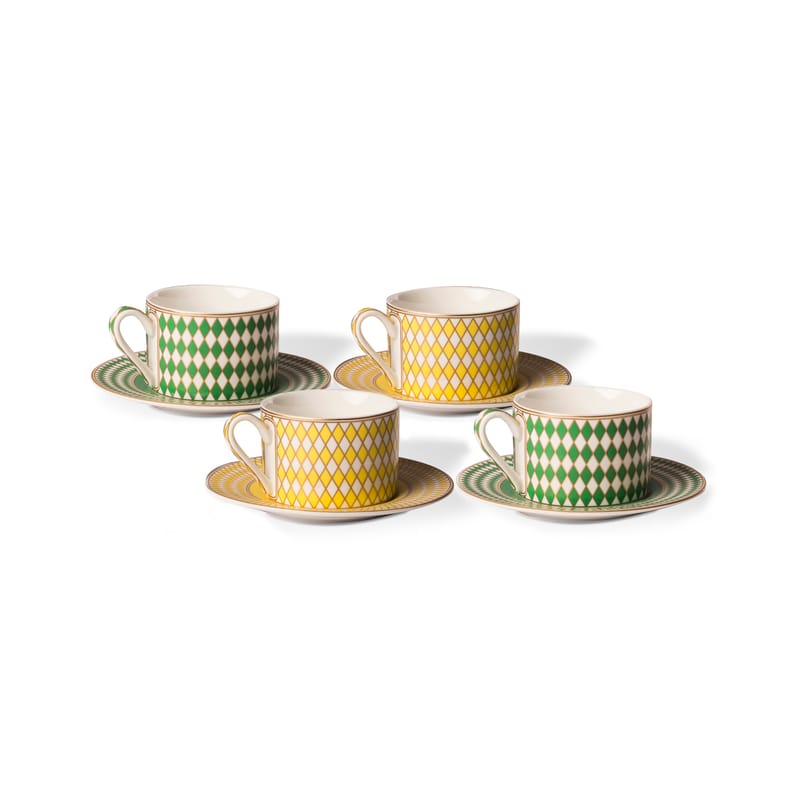 Tableware - Coffee Mugs & Tea Cups - Chess Teacup ceramic yellow green / 200 ml - With saucer / Set of 4 - Pols Potten - Yellow & green / Gold - Enamelled china
