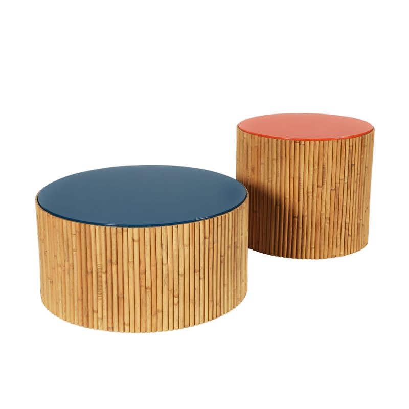 Mobilier - Tables basses - Table basse Riviera Duo bois bleu rouge / Set de 2 - Ø 60 & Ø 45 cm - Maison Sarah Lavoine - Bleu & corail - Bois laqué, Rotin naturel