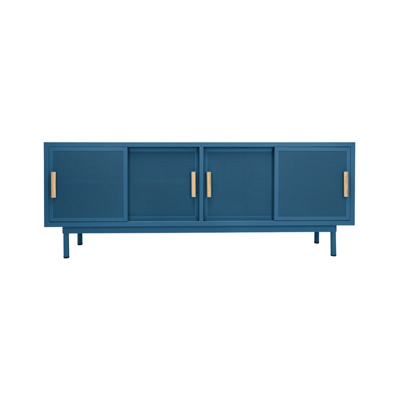 Mobilier - Commodes, buffets & armoires - Buffet 4 portes métal bleu / L 200 x H 75 cm - Acier perforé & chêne - Tolix - Bleu Océan (mat fine texture) - Acier, Chêne