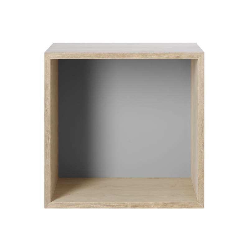 Möbel - Regale und Bücherregale - Regal Mini Stacked 2.0 grau holz natur / Größe M - quadratisch - 33 x 33 cm / mit farbiger Rückwand - Muuto - Eiche / Rückwand hellgrau - MDF Eichenfurnier, mitteldichte bemalte Holzfaserplatte
