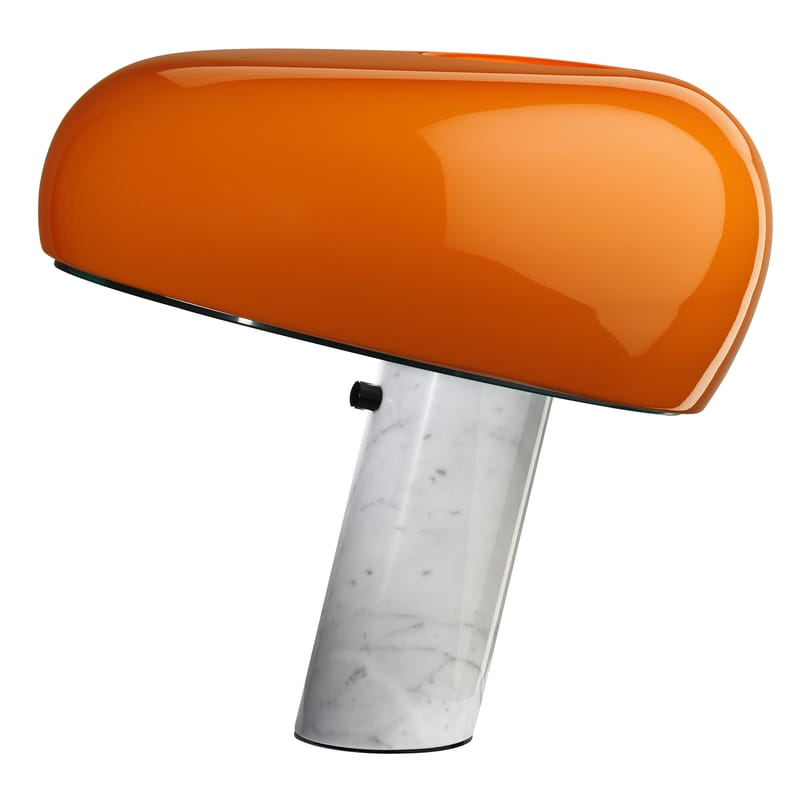 Luminaire - Lampes de table - Lampe de table Snoopy métal pierre orange / Edition limitée - Base marbre / Castiglioni, 1967 - Flos - Orange brillant / Base blanche - Marbre de Carrare, Métal émaillé