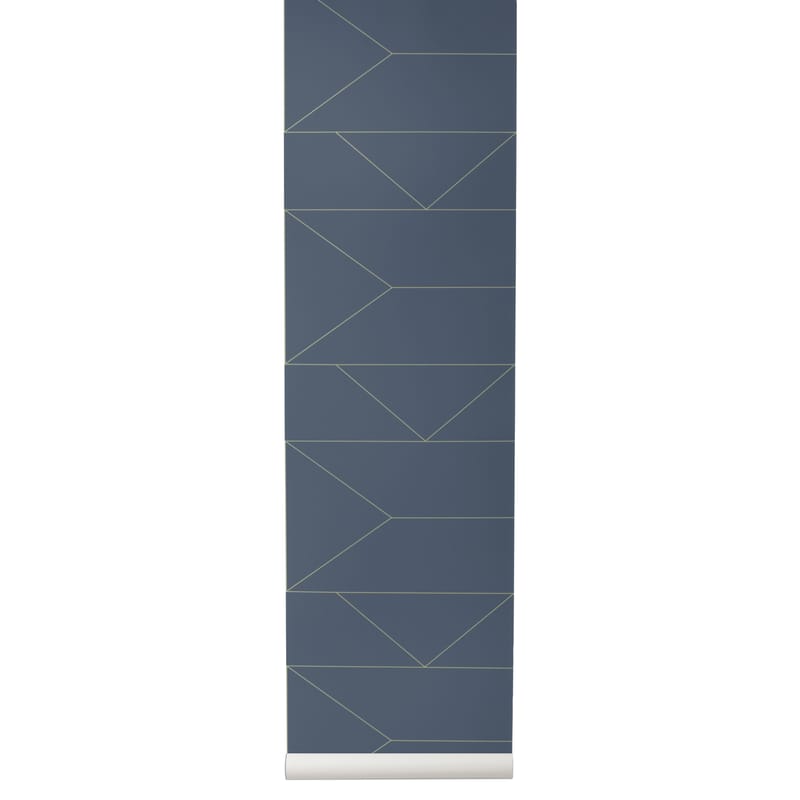 Dekoration - Stickers und Tapeten - Tapete Lines papierfaser blau / 1 Bahn - B 53 cm - Ferm Living - Blau / goldenes Muster - Vliestapete