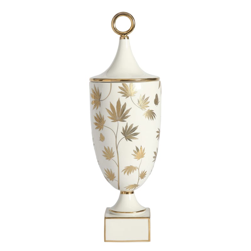 Décoration - Vases - Vase Botanist Ganja céramique blanc or / Avec couvercle - Feuille cannabis - Jonathan Adler - Ganja / Blanc & or - Or fin, Porcelaine