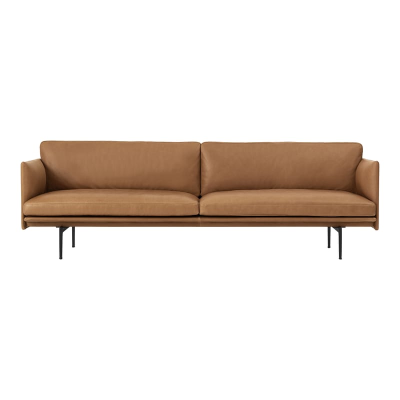 Möbel - Sofas - Sofa Outline leder braun / 3-Sitzer - L 220 cm - Leder - Muuto - Lederbezug cognacfarben / Füße schwarz -  Plumes, High Density-Schaum, lackiertes Aluminium, Vollnarben-Leder