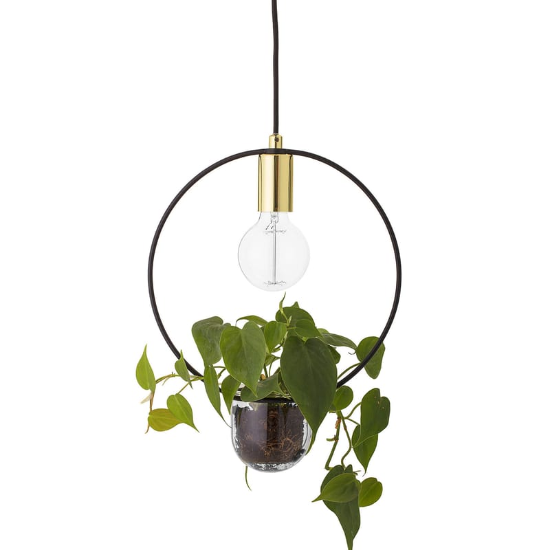 Luminaire - Suspensions - Suspension  métal noir or / Avec pot de fleurs - Ø 30 cm - Bloomingville - Ronde / Or & noir - Métal, Verre