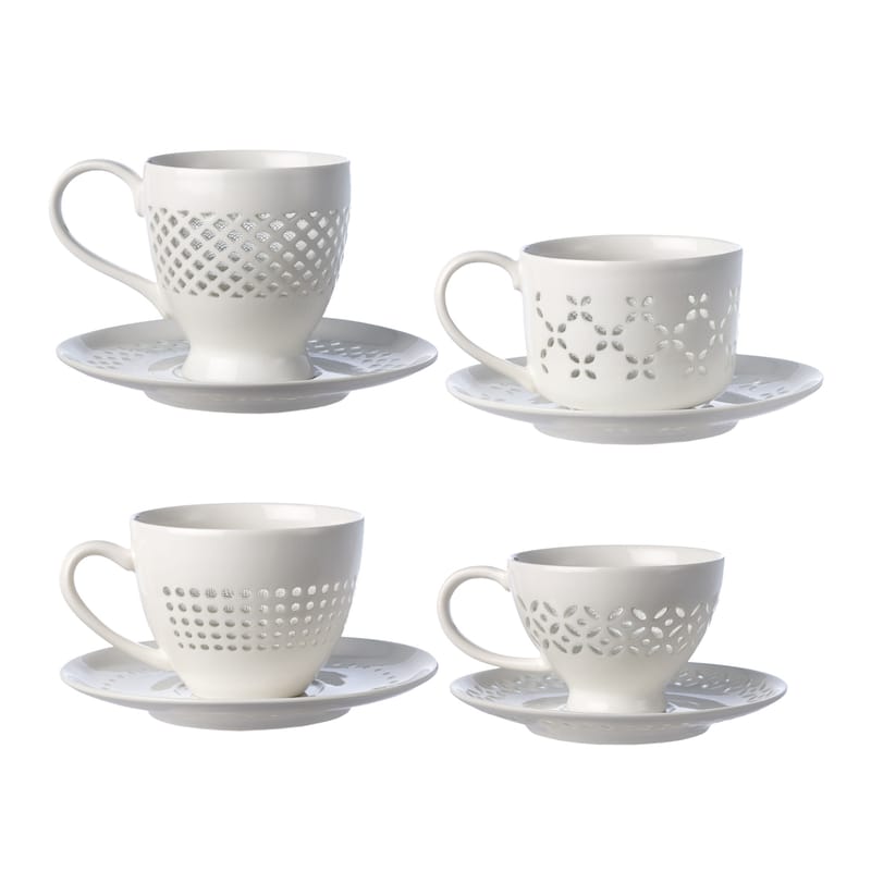 Table et cuisine - Tasses et mugs - Tasse à thé Pierced céramique blanc / Set de 4 tasses et soucoupes - Pols Potten - Blanc - Porcelaine émaillée