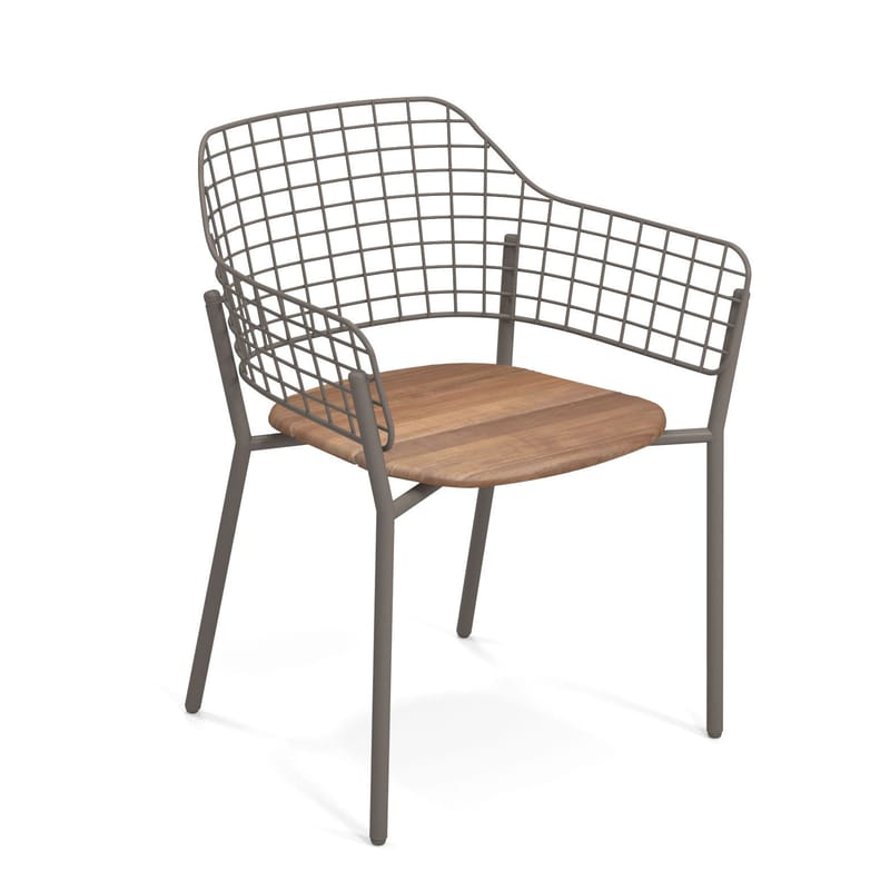 Mobilier - Chaises, fauteuils de salle à manger - Fauteuil empilable Lyze métal beige bois naturel / Assise teck - Emu - Sable / Teck - Acier, Aluminium, Teck