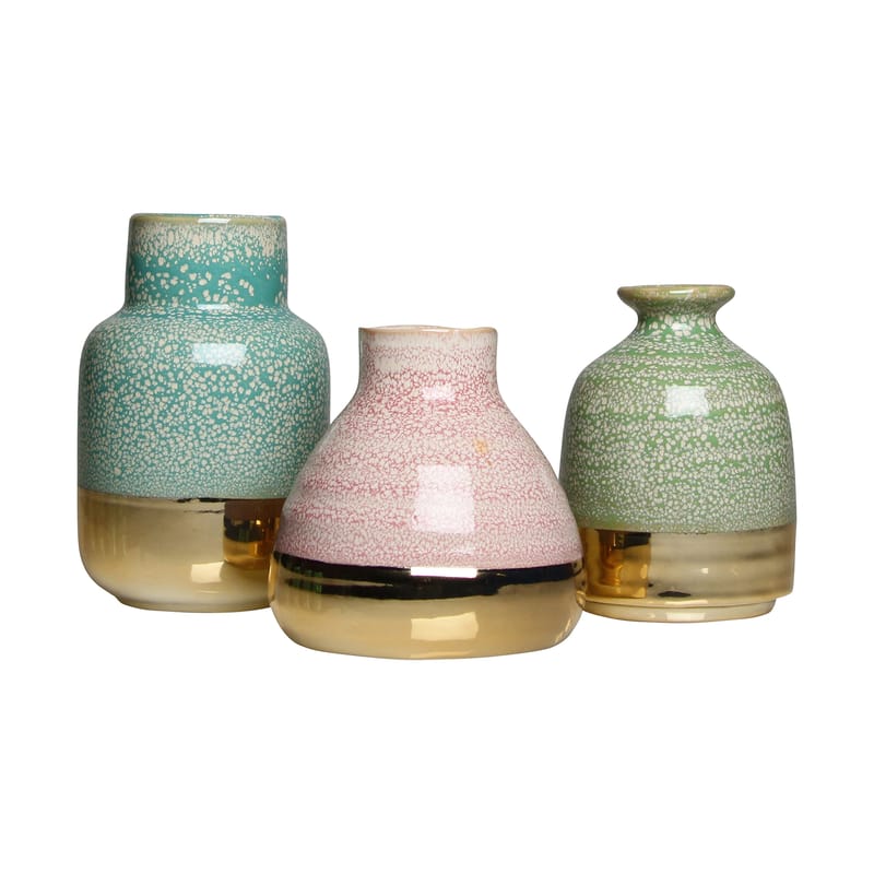 Décoration - Vases - Vase Avant céramique bleu rose vert or / Set de 3 - & klevering - Bleu, Vert, Rose / Or - Céramique