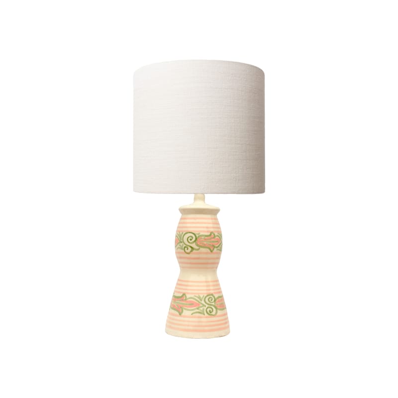 Luminaire - Lampes de table - Lampe de table Aliya tissu céramique rose / Ø 35 x H 80 cm - POPUS EDITIONS - Motifs roses / Abat-jour blanc - Céramique, Lin