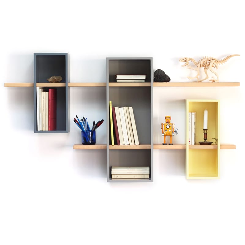 Furniture - Bookcases & Bookshelves - Max XL Shelf wood yellow multicoloured grey / Double - 3 compartments + 2 shelves - Compagnie - Brown / Yellow / Madrid grey - Natural solid beechwood, Painted MDF
