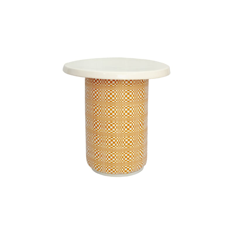 Mobilier - Tables basses - Table d\'appoint Veneta cuir céramique jaune beige / Ø 50 - Céramique & cuir / Edition limitée - POPUS EDITIONS - Beige - Bois, Céramique, Cuir