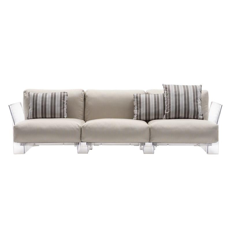 Outdoor - Garden sofas - Pop outdoor 4-seater outdoor sofa plastic material textile beige transparent 3 seaters / L 255 cm - Kartell - Beige stripes / Transparent - Expanded polyurethane, Polycarbonate, Water repellant fabric