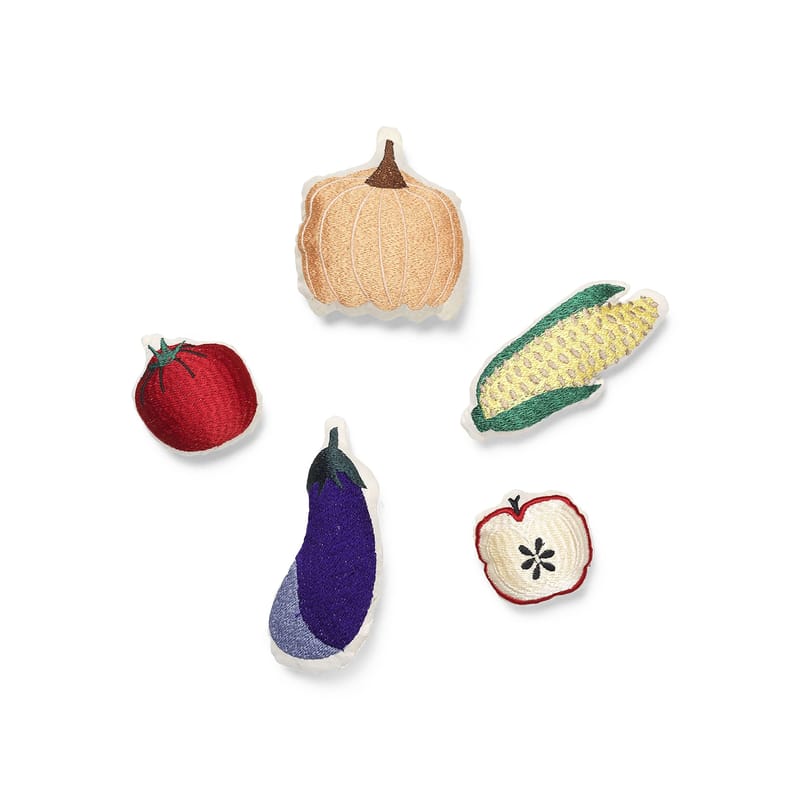 Décoration - Pour les enfants - Peluche Embroidered Veggies tissu multicolore / 5 peluches brodées dans sac coton - Ferm Living - Légumes - Coton biologique, Polyester recyclé
